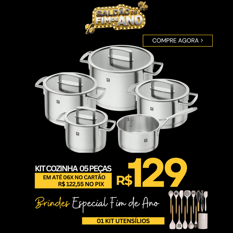 Conjunto 05 Panelas de aço inoxidável + 01 kit de utensílios