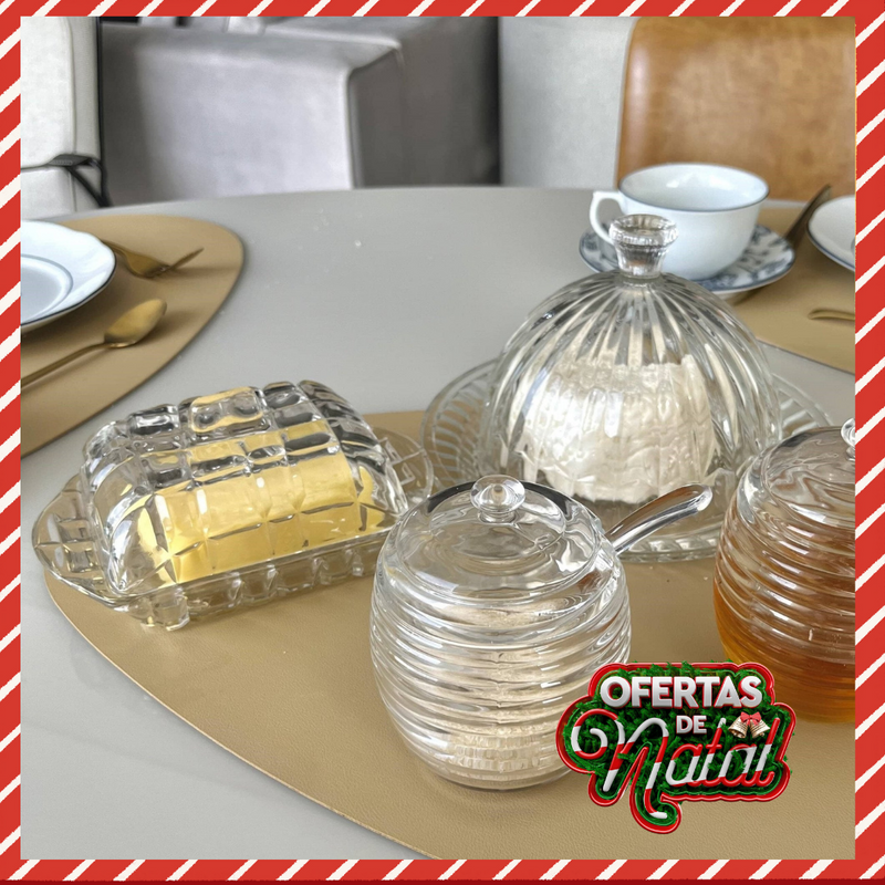 Kit Queijeira, Meleira, Manteigueira e Açucareiro Cristal - OFERTA DE NATAL